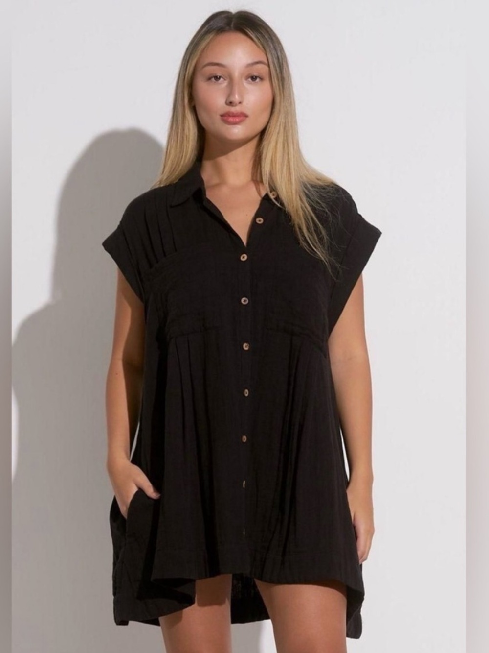 Elan Oversized Black Button-Front Mini Dress/Tunic/Coverup